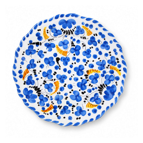 Primavera Blue salad plate, small blue flowers with yellow and black accents across the whole plate, blue and white – hand-painted Italian majolica, Deruta pottery made in Italy