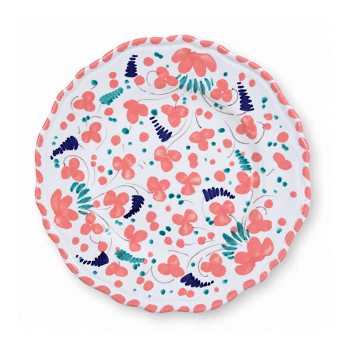Primavera Pink salad plate, coral pink flowers with navy and teal accents across the whole plate – hand-painted Italian majolica, Deruta pottery made in Italy