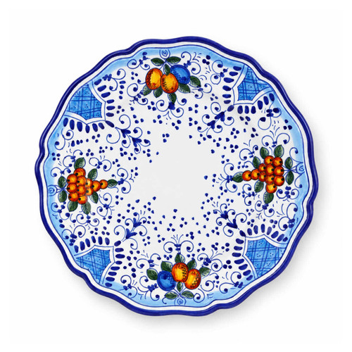 Frutteto salad plate, oranges and blue fruits on blue curls with a cobalt rim – hand-painted Italian majolica, Deruta pottery made in Italy