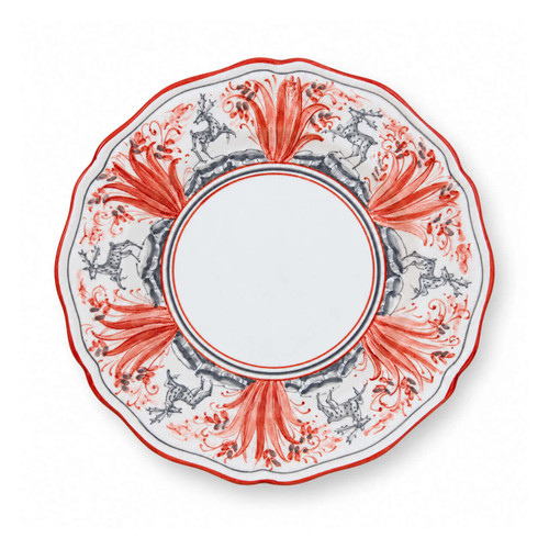 Pink Deer salad plate, coral pink deer and plants with grey accents on a white rim – hand-painted Italian majolica, Deruta pottery made in Italy