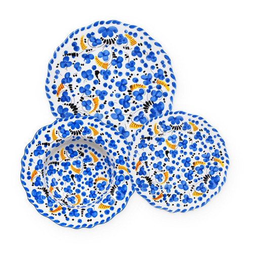Primavera Blue 3-piece place setting: dinner plate, pasta bowl and salad plate, small blue flowers with yellow and black touches – hand-painted Italian majolica, Deruta pottery made in Italy
