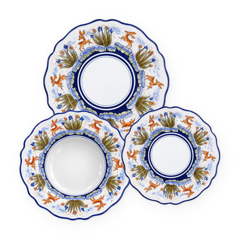 Classic Deer 3-piece place setting: dinner plate, pasta bowl and salad plate, running ochre deer among olive green plants with a cobalt band – hand-painted Italian majolica, Deruta pottery made in Italy