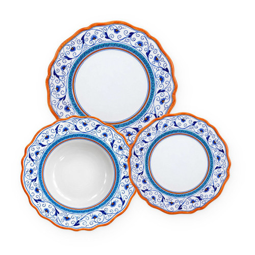Penny 3-piece place setting: dinner plate, pasta bowl and salad plate, fine cobalt blue vines with a turquoise band and an orange edge – hand-painted Italian majolica, Deruta pottery made in Italy