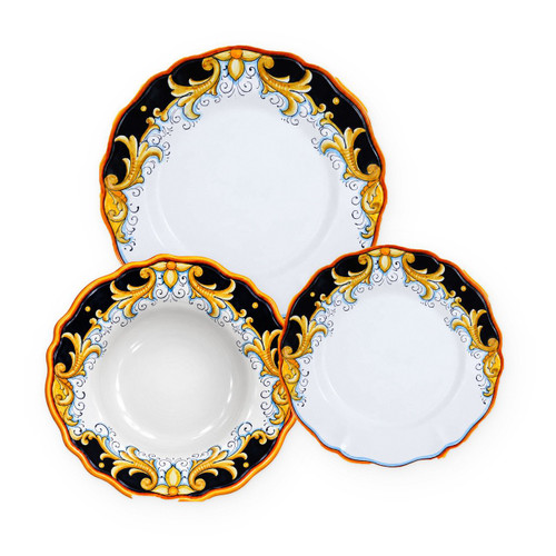 Barocco Black 3-piece place setting: dinner plate, pasta bowl and salad plate, gold and ochre acanthus scrolls on a black arch – hand-painted Italian majolica, Deruta pottery made in Italy