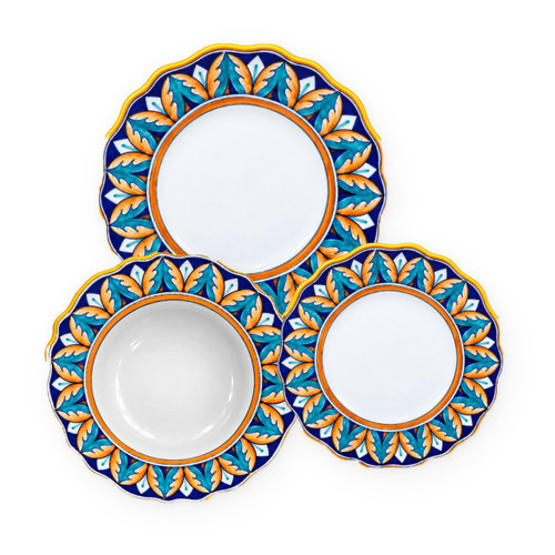 Wolf's Tooth 3-piece place setting: dinner plate, pasta bowl and salad plate, orange and turquoise pointed leaves on a cobalt blue rim – hand-painted Italian majolica, Deruta pottery made in Italy