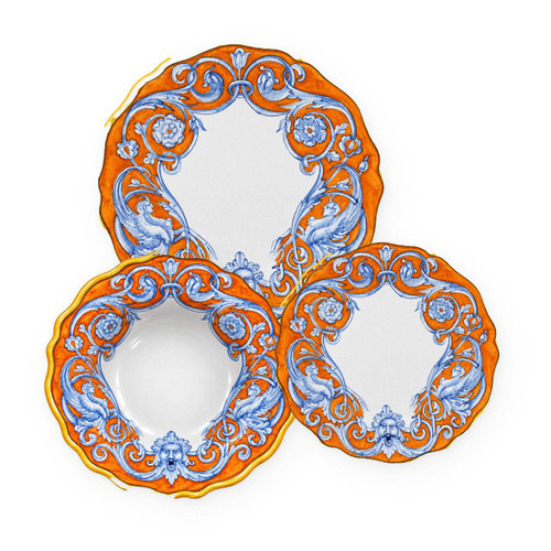 Grottesca Orange 3-piece place setting: dinner plate, pasta bowl and salad plate, light blue grotesques and scrolls on a bright orange ground – hand-painted Italian majolica, Deruta pottery made in Italy
