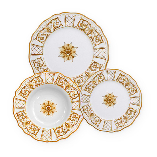 Antique Ochre 3-piece place setting: dinner plate, pasta bowl and salad plate, ochre lattice panels and tulip scrolls with a center rosette – hand-painted Italian majolica, Deruta pottery made in Italy