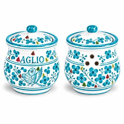 Arabesco Light Blue Ceramic Garlic Keeper Deruta Italy
