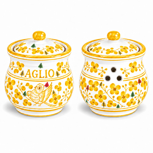Arabesco Yellow Hand-Painted Garlic Holder Deruta Italy
