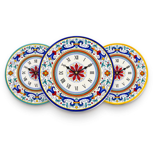 Ricco Deruta round wall clocks in turquoise, cobalt blue and yellow border – hand-painted Italian majolica, Deruta pottery made in Italy