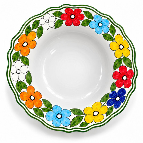 Daisy pasta bowl, red, blue, yellow and white daisies with green leaves across the whole bowl – hand-painted Italian majolica, Deruta pottery made in Italy