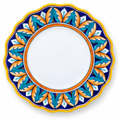 Wolf's Tooth salad plate, pointed orange and turquoise leaves on a cobalt blue rim with a terracotta ring – hand-painted Italian majolica, Deruta pottery made in Italy