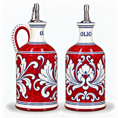 '600 Red Background olive oil dispenser with spout, white scrollwork on deep red – hand-painted Italian majolica olive oil bottle, Deruta pottery made in Italy