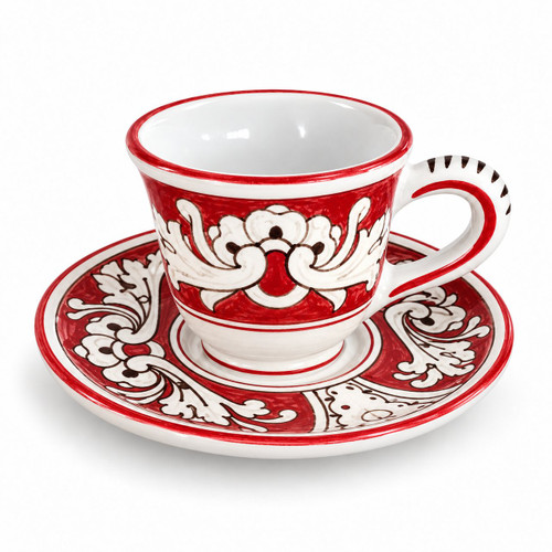 '600 Red Background espresso cup and saucer, white acanthus scrolls on a red ground – hand-painted Italian majolica, Deruta pottery made in Italy