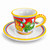 Corallo Rosso espresso cup and saucer, yellow grapes and green vine leaves on a coral red ground – hand-painted Italian majolica, Deruta pottery made in Italy