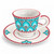 Peacock Light Blue espresso cup and saucer, turquoise light blue peacock feather pattern with coral pink rim – hand-painted Italian majolica, Deruta pottery made in Italy