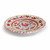 Close-up of hand-painted floral rim and rooster center on dinner plate.