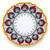 Peacock Pattern salad plate, red peacock feather eyes with blue and grey fans, black spirals on white and a yellow scalloped edge – hand-painted Italian majolica, Deruta pottery made in Italy