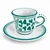 Arabesco Emerald espresso cup and saucer, emerald green arabesque leaves and bird on white – hand-painted Italian majolica, Deruta pottery made in Italy