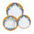 Aurora 3-piece place setting: dinner plate, pasta bowl and salad plate, blue scrolls on an orange and yellow crest – hand-painted Italian majolica, Deruta pottery made in Italy