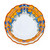 Aurora 3-piece place setting seen from above, orange and blue rims – hand-painted Italian majolica, Deruta pottery made in Italy