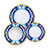 '600 Blue Background 3-piece place setting: dinner plate, pasta bowl and salad plate, white floral scrolls on cobalt blue panels with a yellow rim – hand-painted Italian majolica, Deruta pottery made in Italy