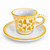 Arabesco Yellow espresso cup and saucer, golden yellow arabesque leaves and bird on white – hand-painted Italian majolica, Deruta pottery made in Italy