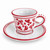 Arabesco Carmine espresso cup and saucer, deep carmine red arabesque leaves and bird on white – hand-painted Italian majolica, Deruta pottery made in Italy
