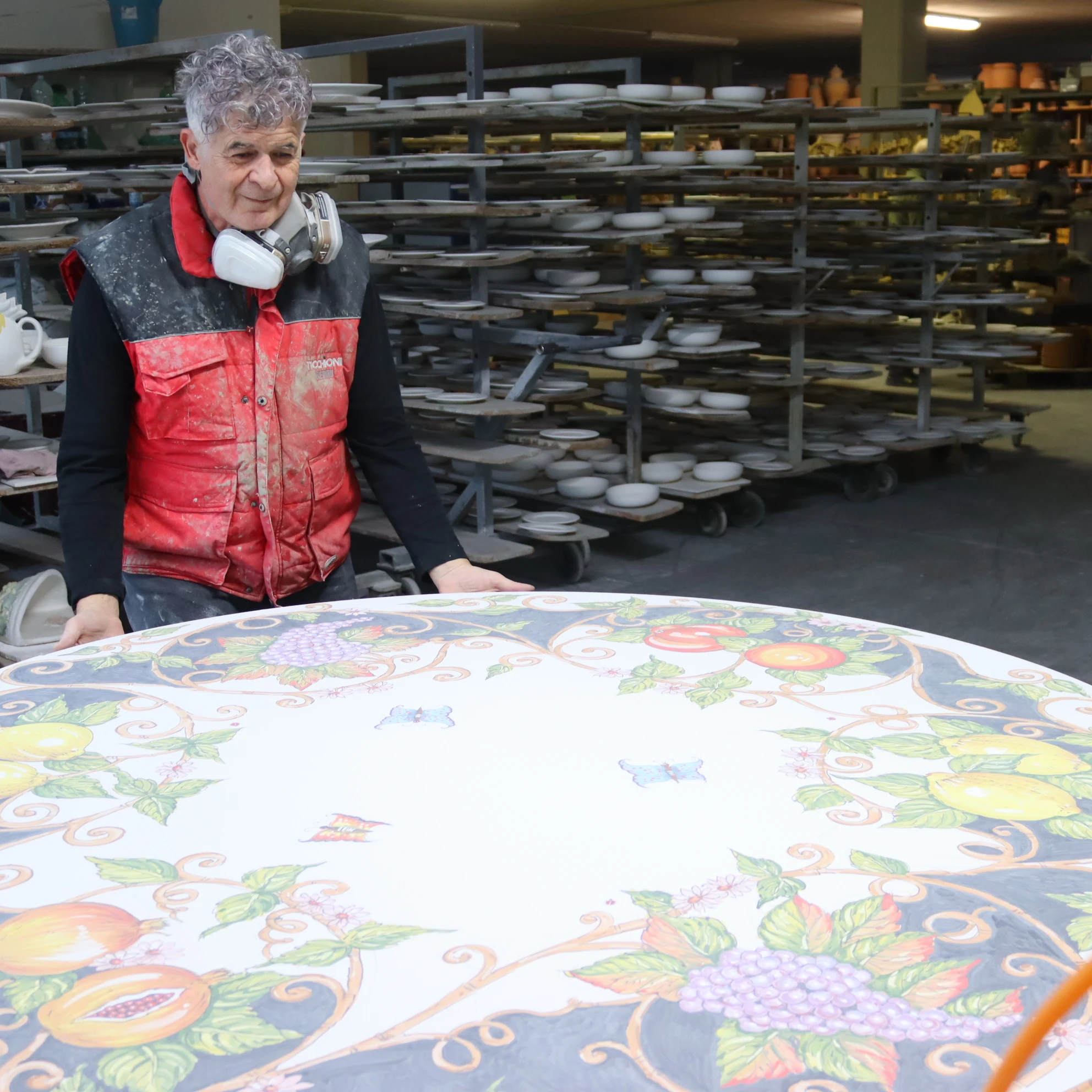 Finished hand-painted lava stone table — MOD Deruta Heritage