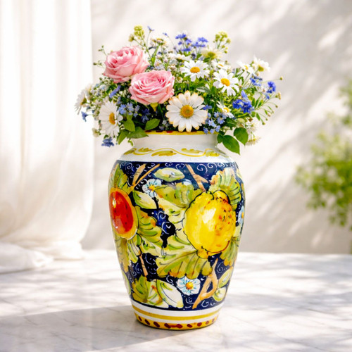 Blue Pottery Vase | Deruta Italian Pottery Vase | Mod