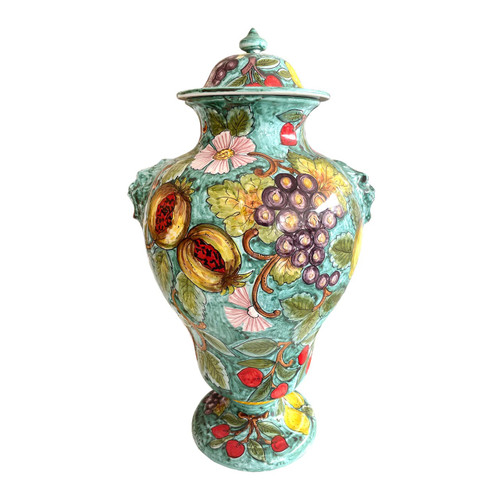 Green Pottery Vase | Mod Deruta Italy | Handpainted