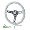 350mm White & Blue 2" Deep Dish Aluminum 3-Spoke Wooden Steering Wheel (Chrome)