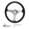 350mm Black & Red Strips Style 2" Deep Dish Aluminum 3-Spoke Wooden Steering Wheel (Chrome)