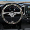 350mm Green Skull & Rose Style 2" Deep Dish 3-Spoke Wooden Steering Wheel (Chrome)