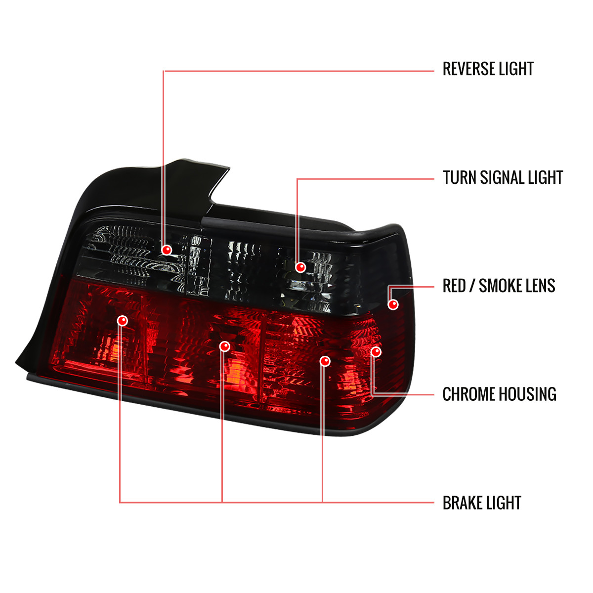 1992-1998 BMW E36 3 Series Sedan Tail Lights (Chrome Housing/Red