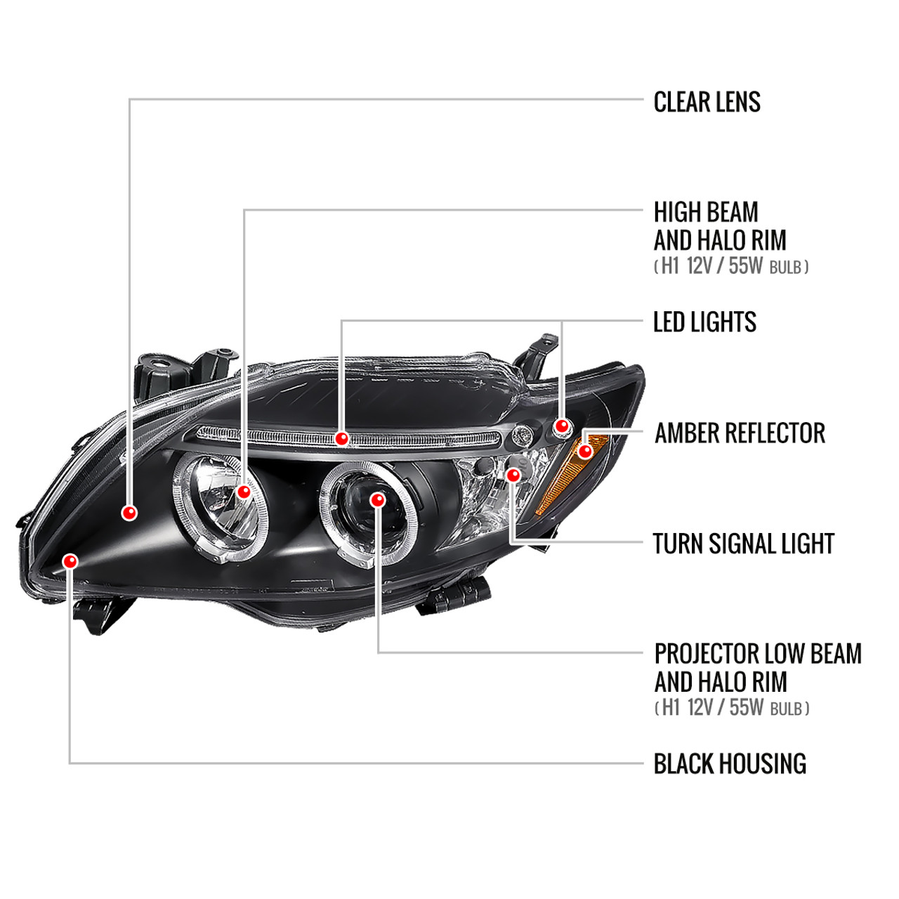 2009-2010 Toyota Corolla Dual Halo Projector Headlights (Matte