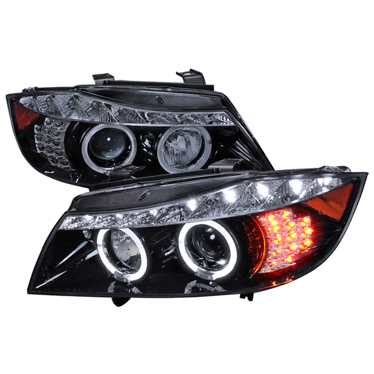 2006-2008 BMW E90 Series Sedan Dual Halo Projector Headlights w/ LED Light  Strip  LED Turn Signal Lights (Glossy Black/Smoke Lens) Spec-D Tuning