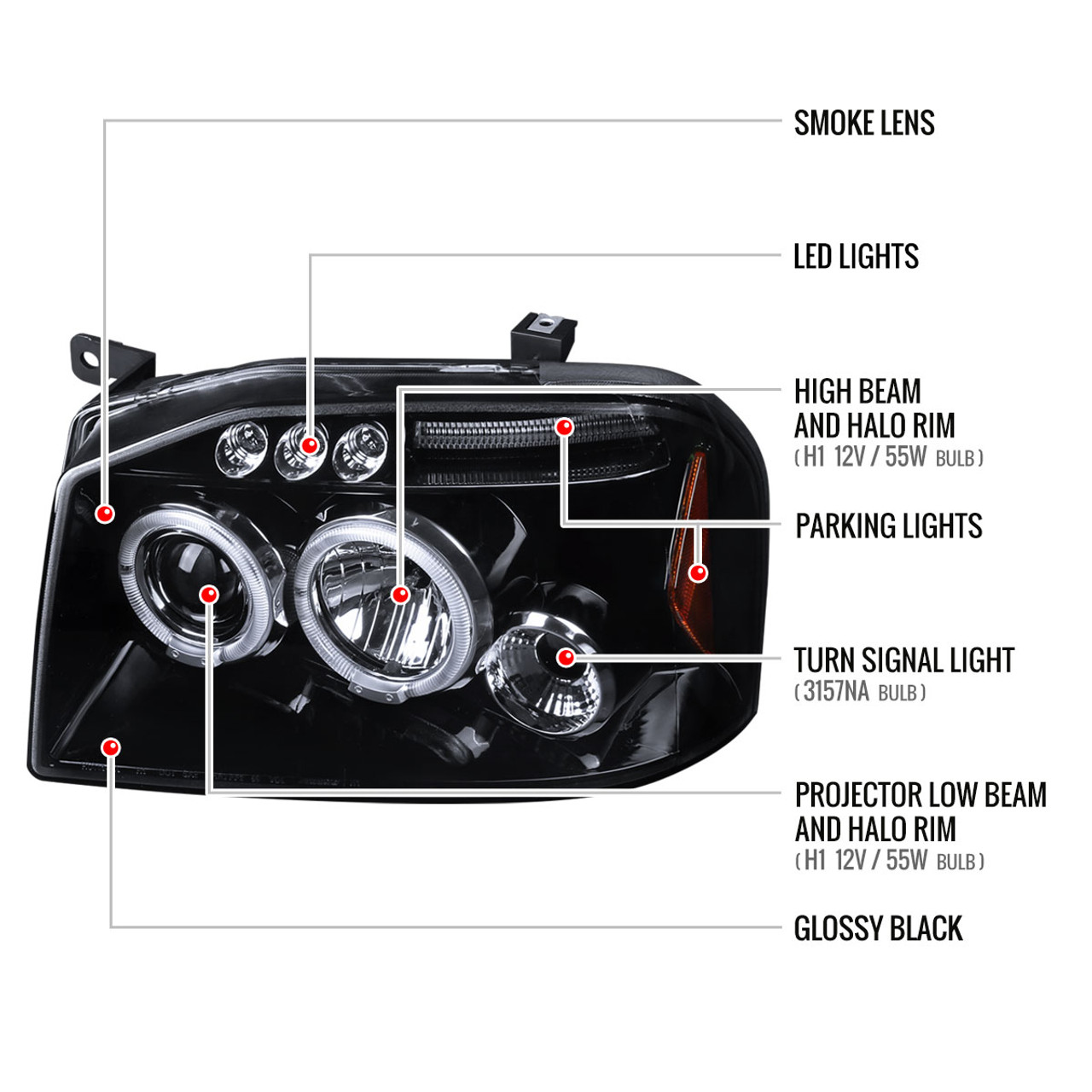 2001-2004 Nissan Frontier Dual Halo Projector Headlights (Glossy