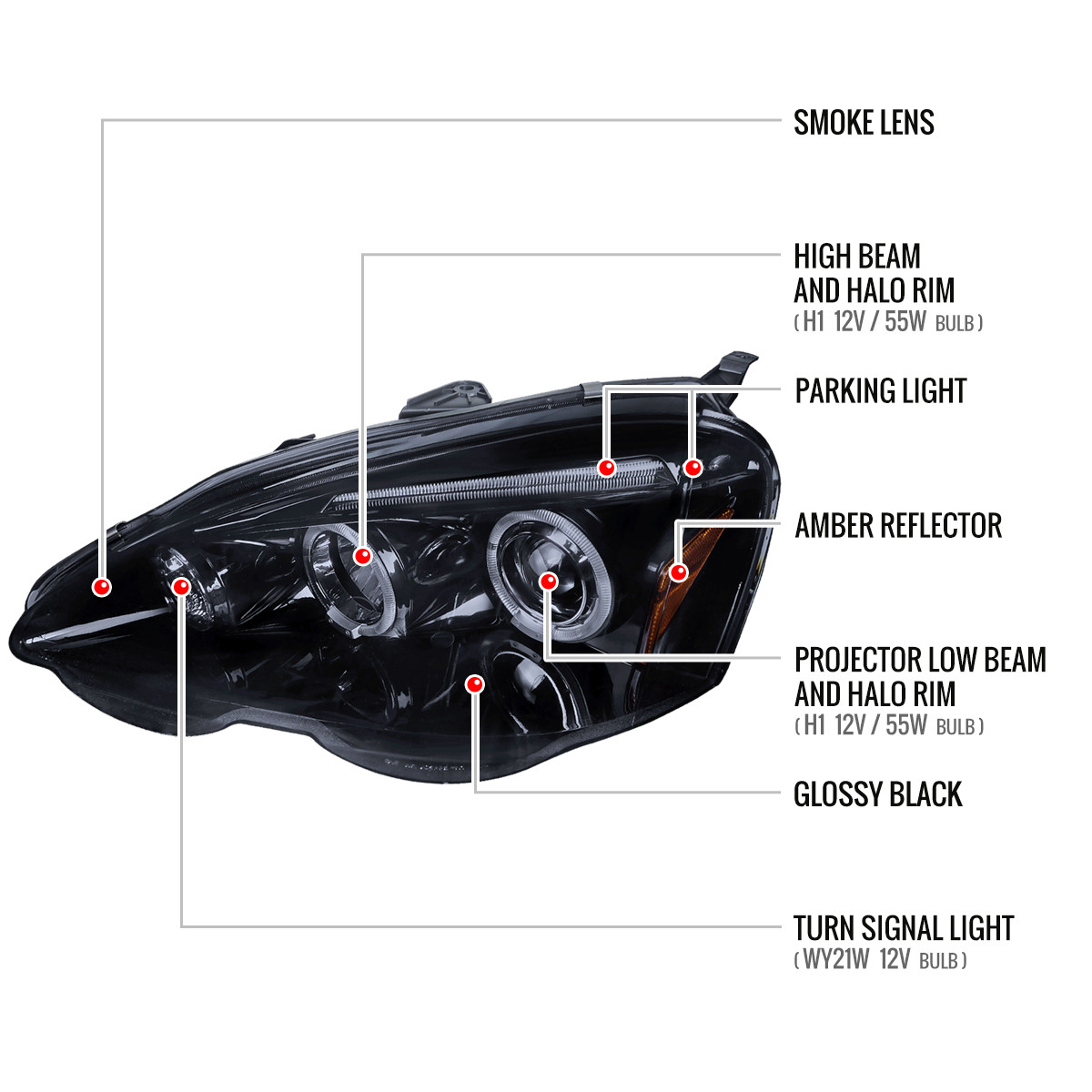 2002-2004 Acura RSX Dual Halo Projector Headlights (Glossy Black