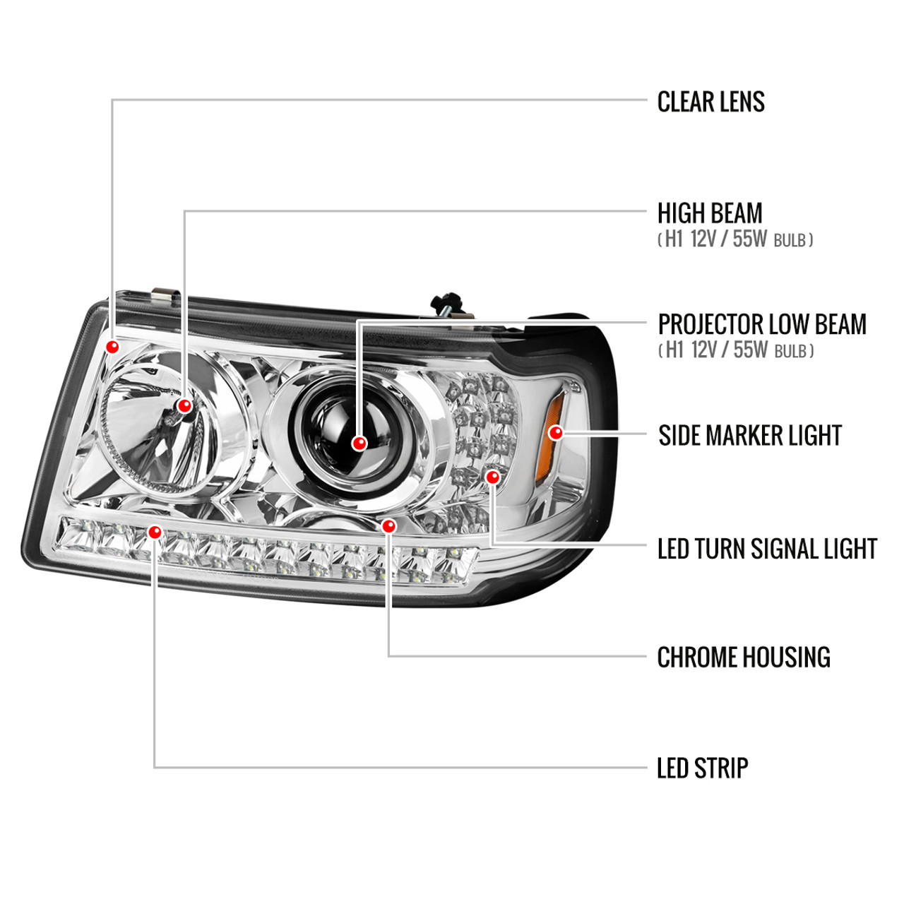 2001-2011 Ford Ranger Projector Headlights w/ LED Light Strip