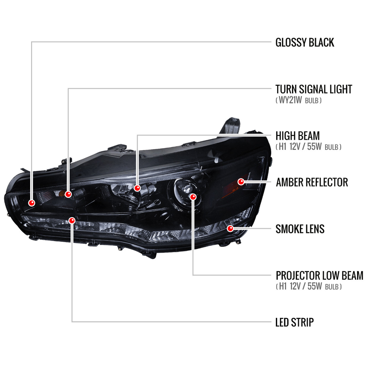 2008-2015 Mitsubishi Lancer EVO Projector Headlights w/ SMD LED