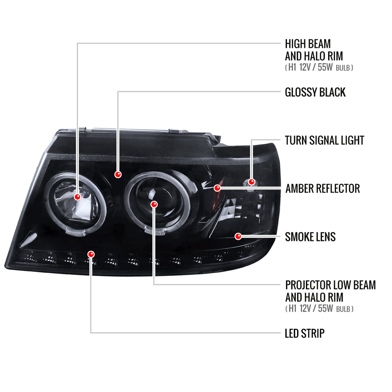 2002-2005 Ford Explorer Dual Halo Projector Headlights (Glossy