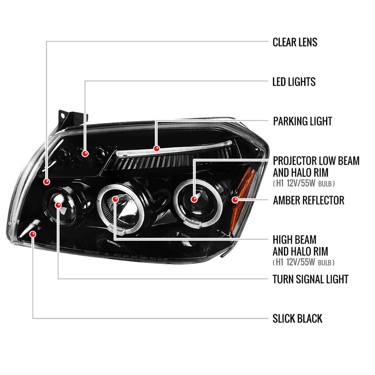 2005-2007 Dodge Magnum Dual Halo Projector Headlights (Jet Black