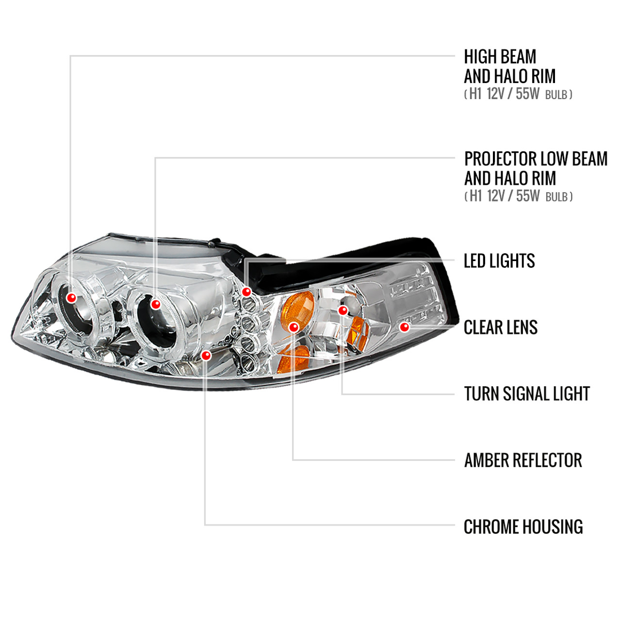 1999-2004 Ford Mustang Dual Halo Projector Headlights (Chrome