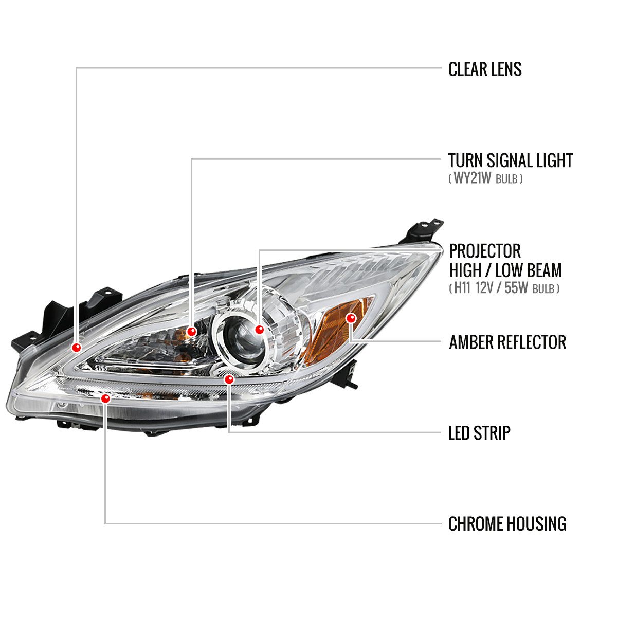 2010-2013 Mazda 3 Projector Headlights w/ LED Light Strip (Chrome