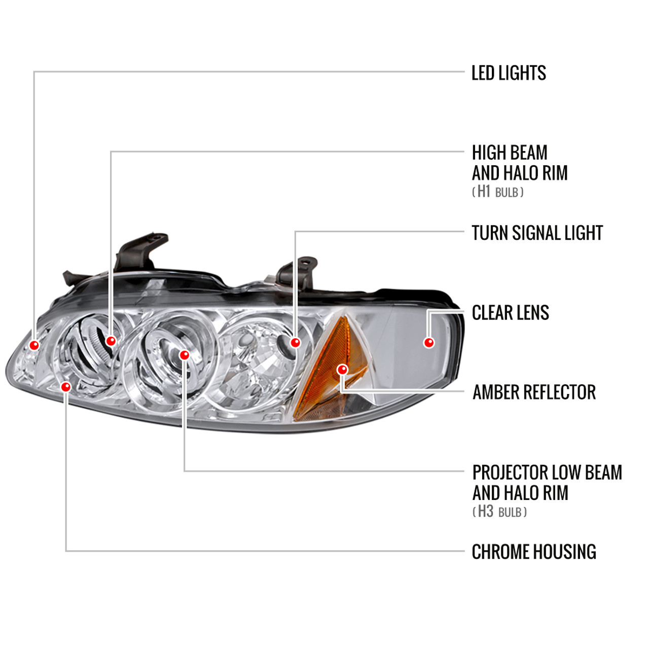 2000-2003 Nissan Sentra Dual Halo Projector Headlights (Chrome