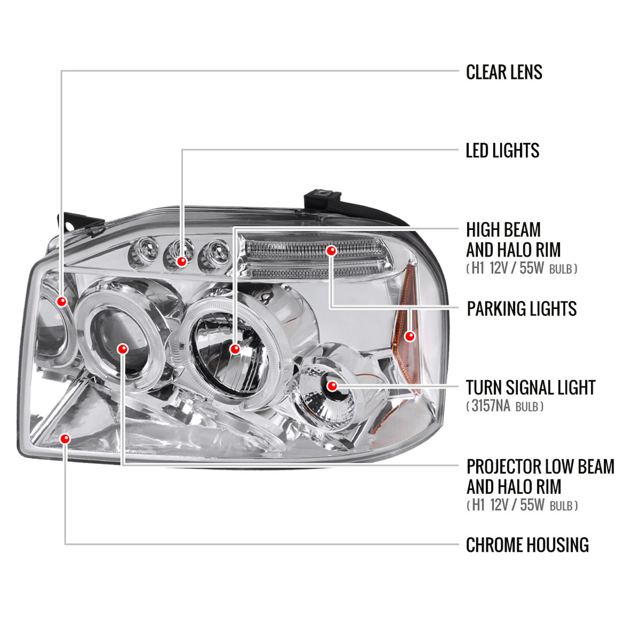 2001-2004 Nissan Frontier Dual Halo Projector Headlights (Chrome