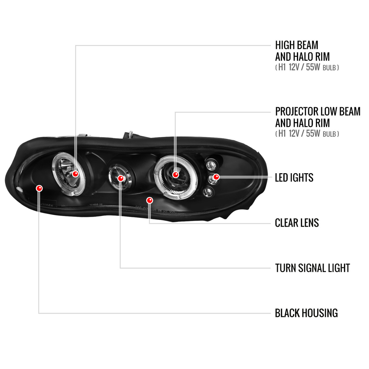 1998-2002 Chevrolet Camaro Dual Halo Projector Headlights (Matte