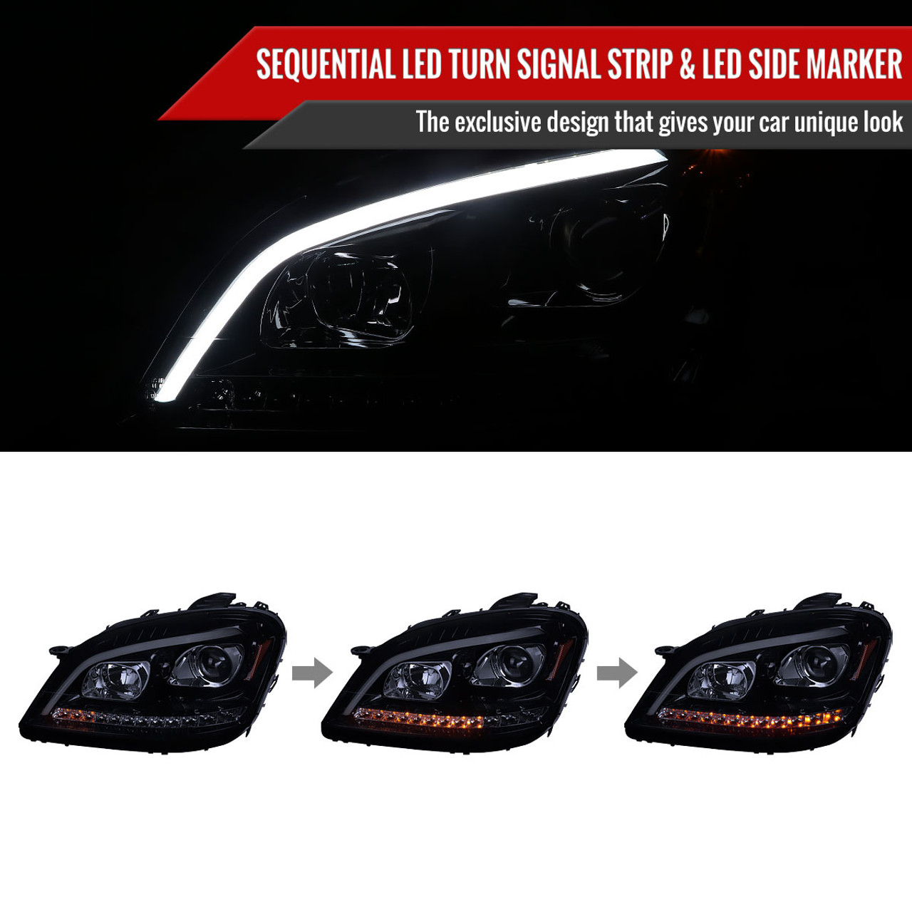 Spec-D Tuning Smoke Projector Headlights LED Sequential Signal Compatible  with 2006-2008 Mercedes Benz W164 ML350 ML500 ML-Class, Left + Right Pair  Headlamps Assembly 