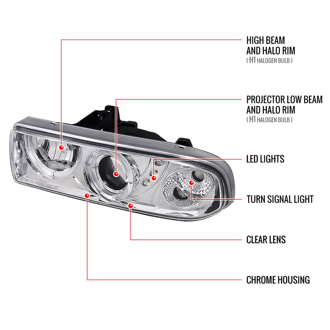 1998-2004 Chevrolet S10 Dual Halo Projector Headlights (Chrome